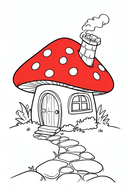 Cute cartoon line drawing of a spotted red mushroom house with a crooked chimney and winding stone path