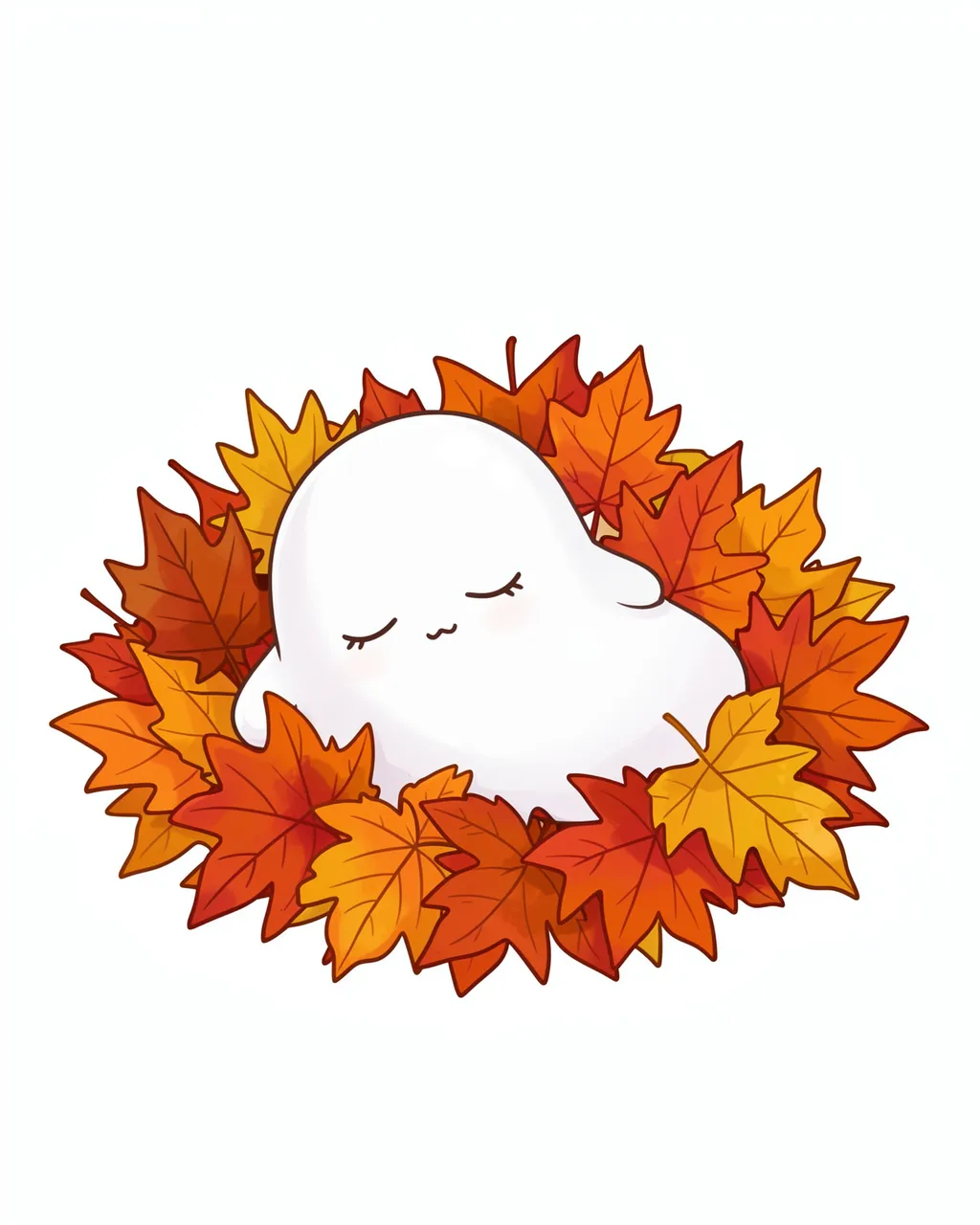 A chibi-style white ghost sleeps peacefully nestled in a pile of colorful autumn maple leaves.