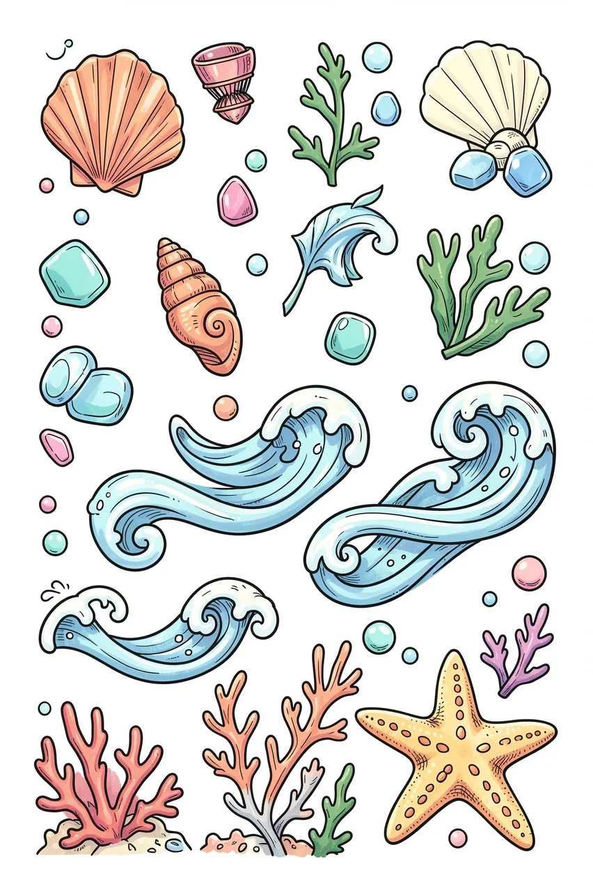 Hand-drawn cartoon ocean doodles arranged on a plain white background