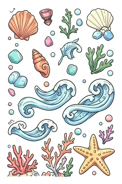 Hand-drawn cartoon ocean doodles arranged on a plain white background