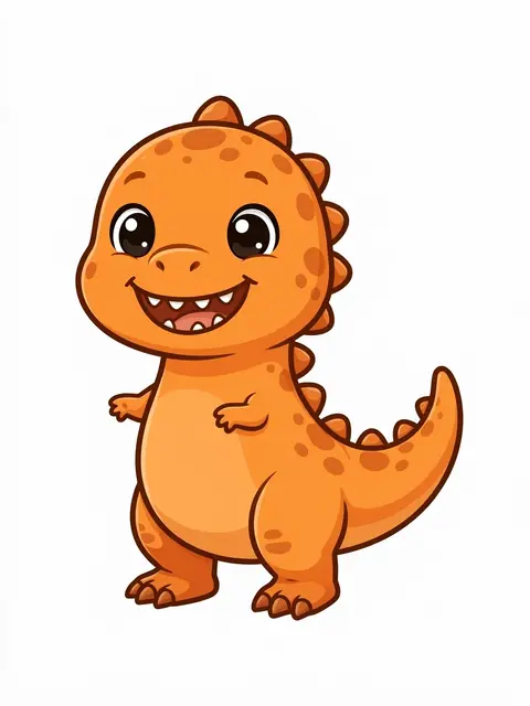 A cheerful spotted orange cartoon dinosaur stands upright with a toothy grin against a light background
