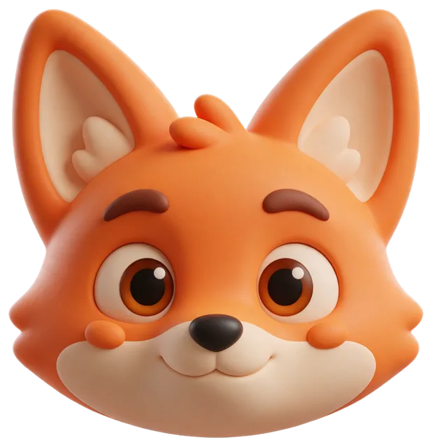 3D rendered friendly cartoon fox head with large ears facing forward