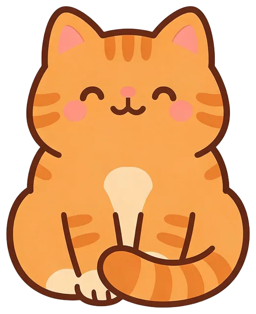 Chubby orange tabby cat sits happily with closed eyes, pink blushes, and curled tail around its paws.