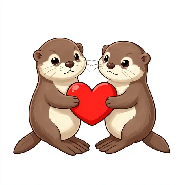 Two cartoon brown otters sit side by side holding a bright red heart against a plain white background