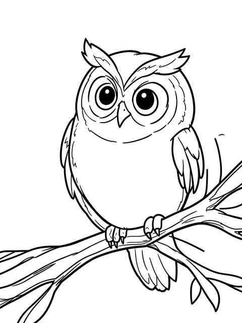 Bold black and white line art of a round owl with big eyes perched on a tree branch