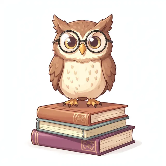 A fluffy brown owl wearing round black glasses perches on a stack of three closed hardcover books.