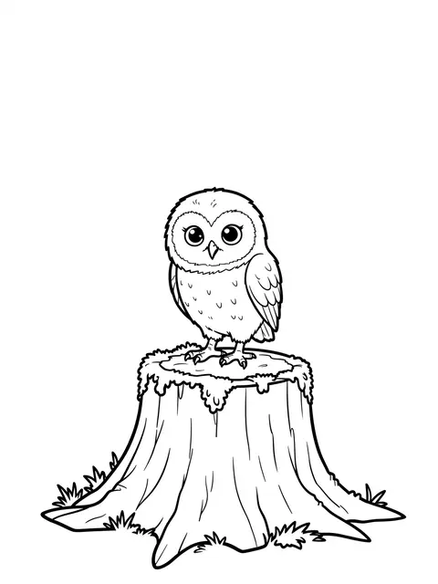 Black and white line art of a cute owlet perched on a mossy tree stump, suitable for a coloring page