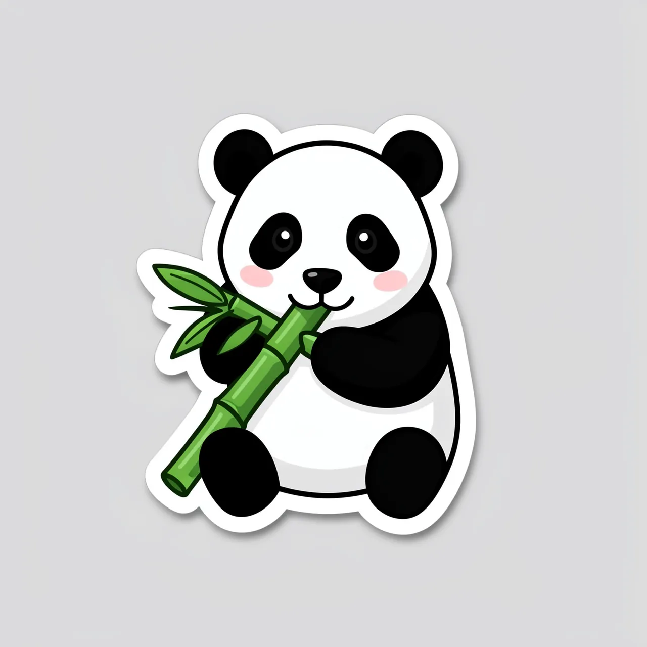 Die-cut sticker illustration of a cute panda holding a bamboo stalk, set on a plain light gray background