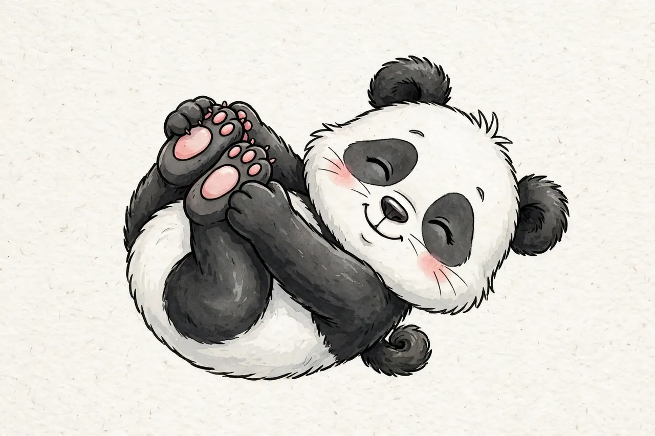 A cartoon panda cub lies on its back hugging its feet against a textured light paper background