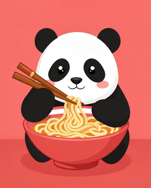 A cartoon panda holds chopsticks to eat noodles from a red bowl against a soft red background