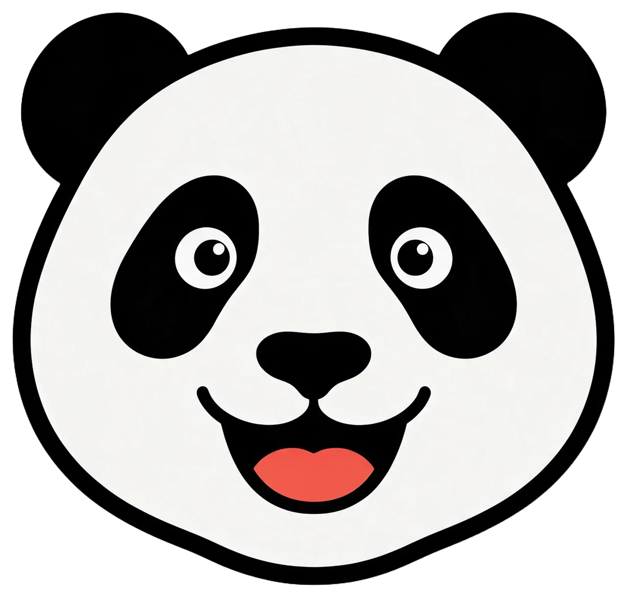 Smiling cartoon panda head with round black ears and eye patches facing forward