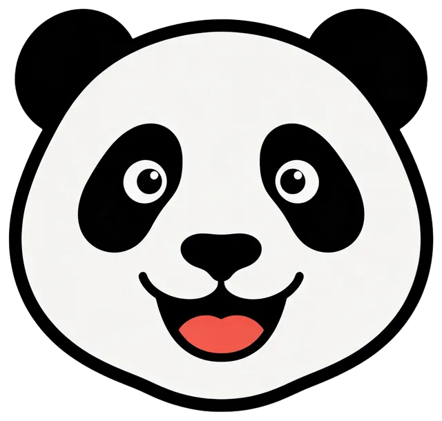 Smiling cartoon panda head with round black ears and eye patches facing forward
