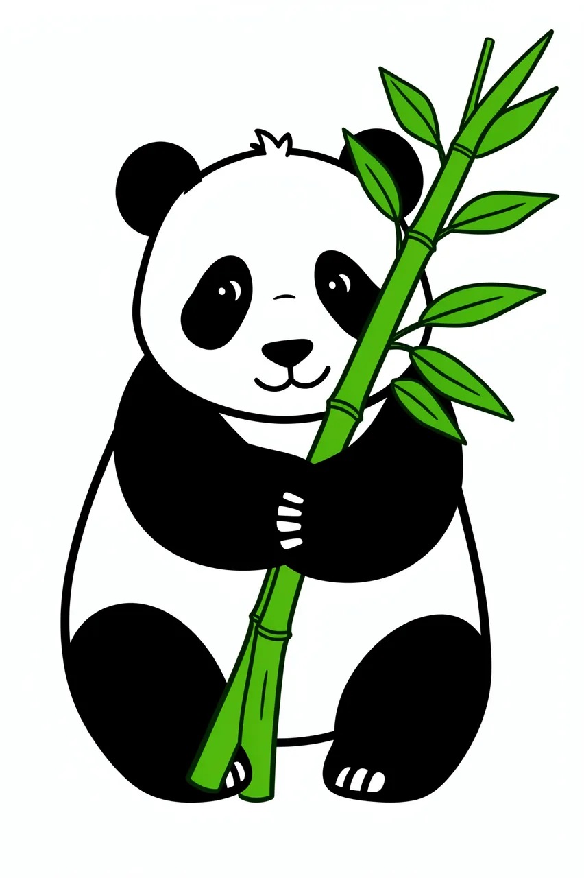 Simple line drawing of a smiling panda sitting and holding a green bamboo stalk