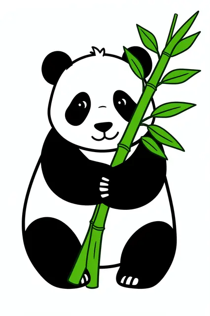 Simple line drawing of a smiling panda sitting and holding a green bamboo stalk