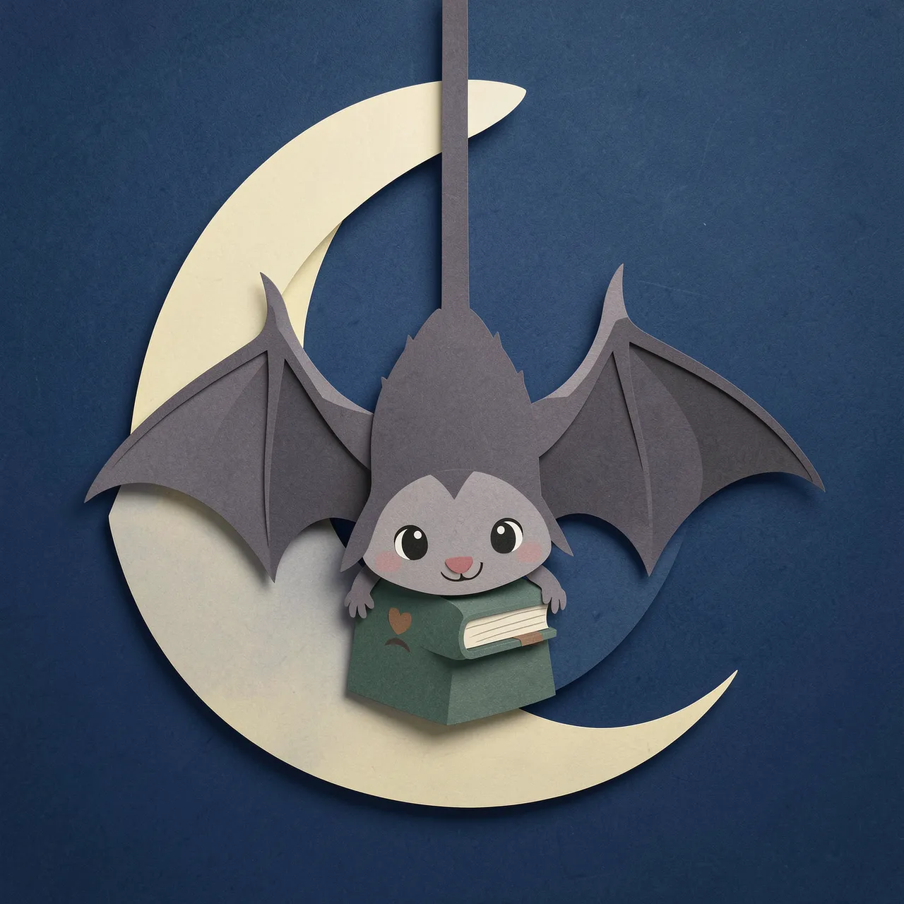 Layered paper cut illustration of a cute bat hanging upside down holding a book in front of a crescent moon