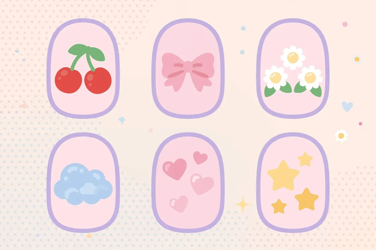 Six illustrated round nail tips in two rows with cherry, bow, daisy, cloud, heart, and star decals on a soft dotted pastel