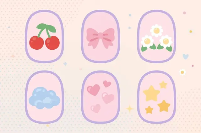 Six illustrated round nail tips in two rows with cherry, bow, daisy, cloud, heart, and star decals on a soft dotted pastel