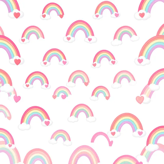 Repeating pattern of pastel rainbows, fluffy clouds and pink hearts on a plain white background