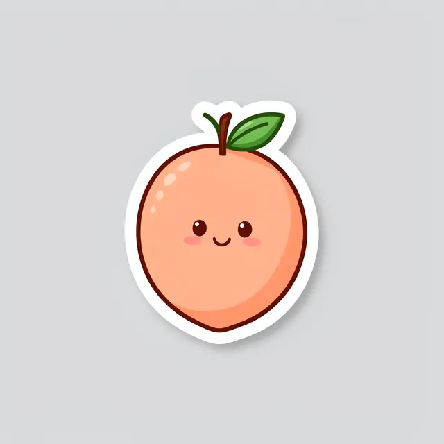 A flat die-cut sticker of a smiling cartoon peach with a white border sits on a light gray background
