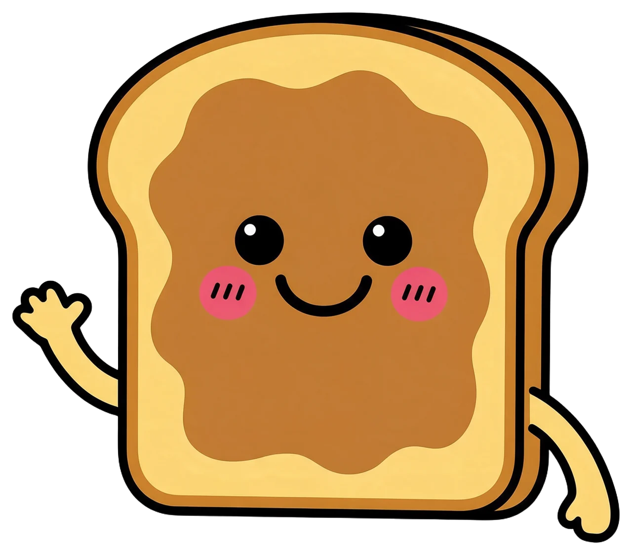 Happy cartoon toast character with peanut butter waves one arm and smiles with rosy cheeks