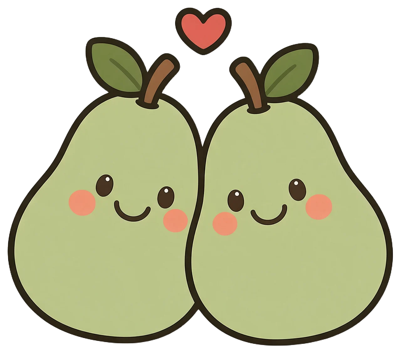Two smiling cartoon green pears leaning together with a small red heart floating above them