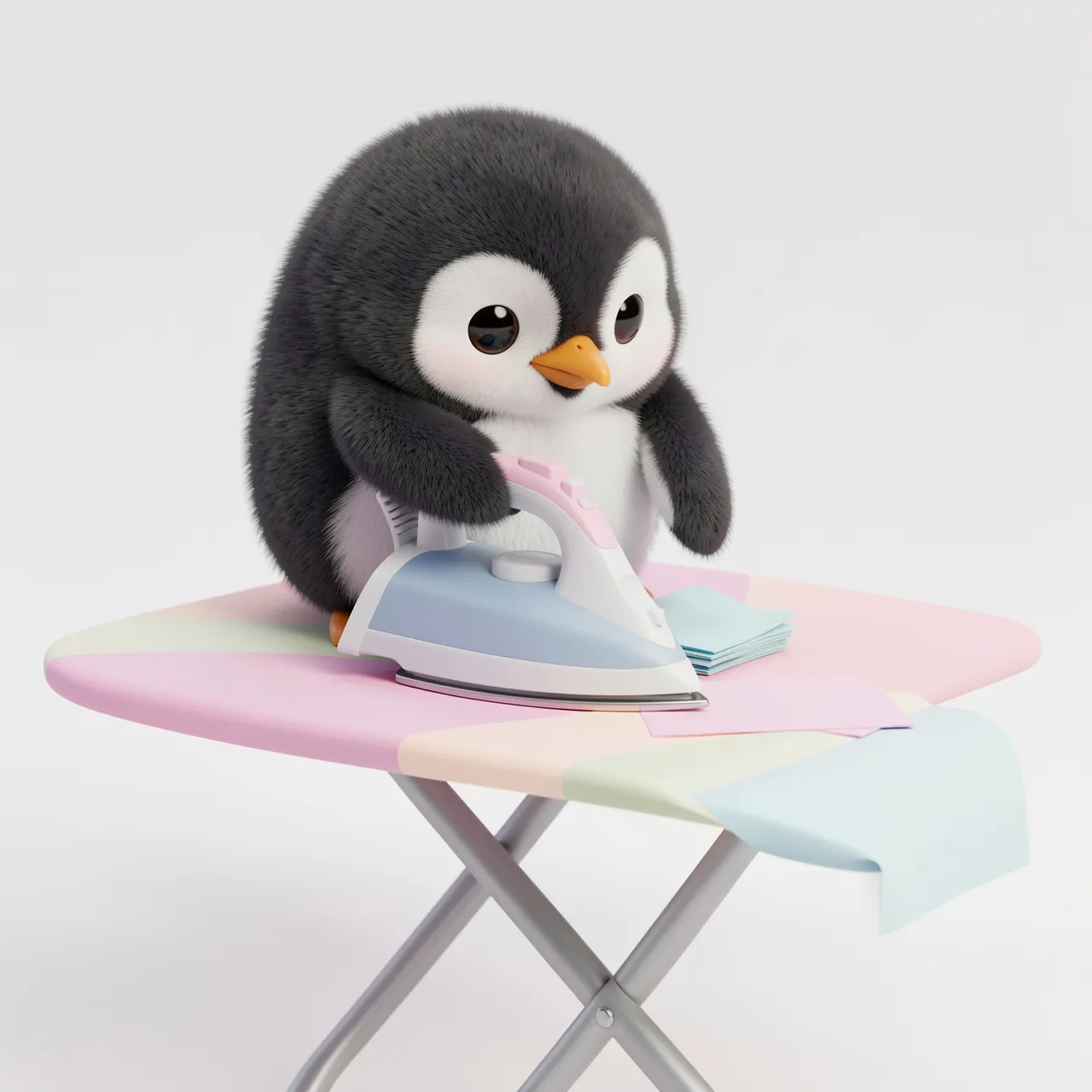 Fluffy cartoon 3D penguin uses a tiny pastel iron on small napkins atop a pastel ironing board