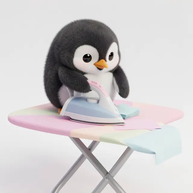 Fluffy cartoon 3D penguin uses a tiny pastel iron on small napkins atop a pastel ironing board