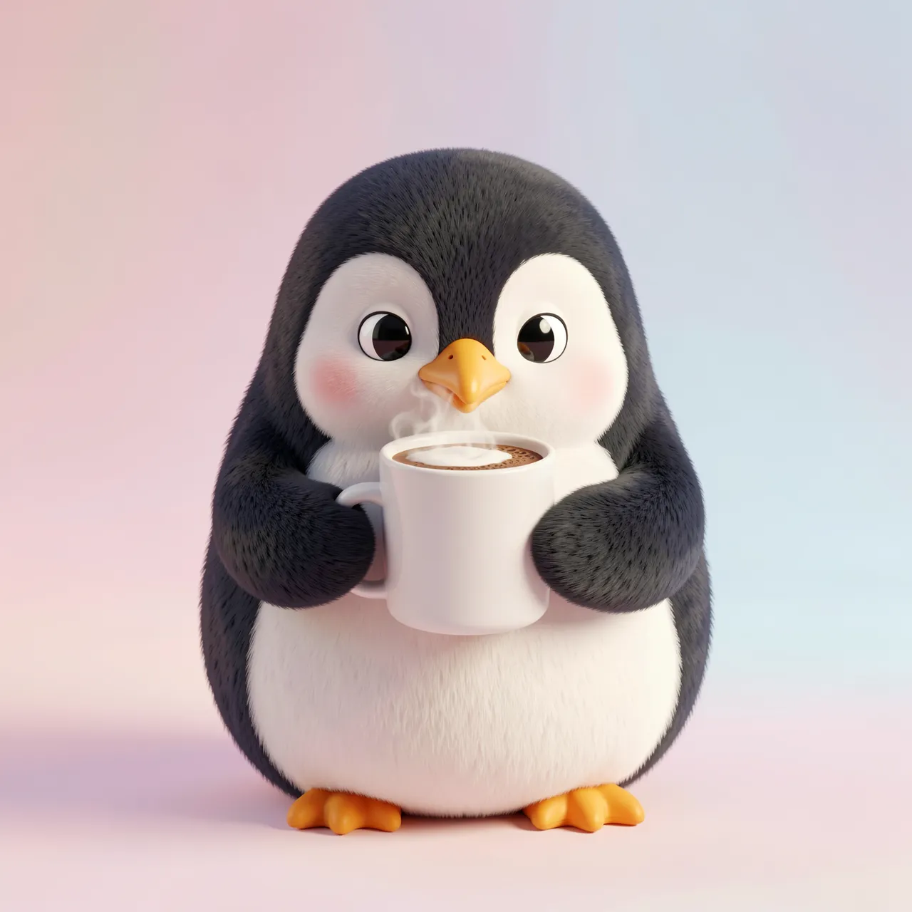 Chubby fluffy 3D penguin holds a steaming mug of hot cocoa against a soft pastel gradient background