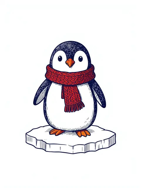 Cute line art penguin wearing a red knitted scarf stands on a small floating ice floe