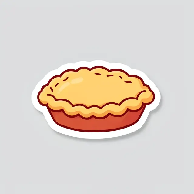 Die-cut sticker of a crimped crust pie with a white border on a plain light gray background