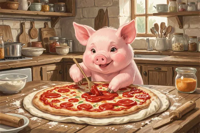 A cheerful pink pig spreads tomato sauce on pizza dough in a cozy rustic kitchen