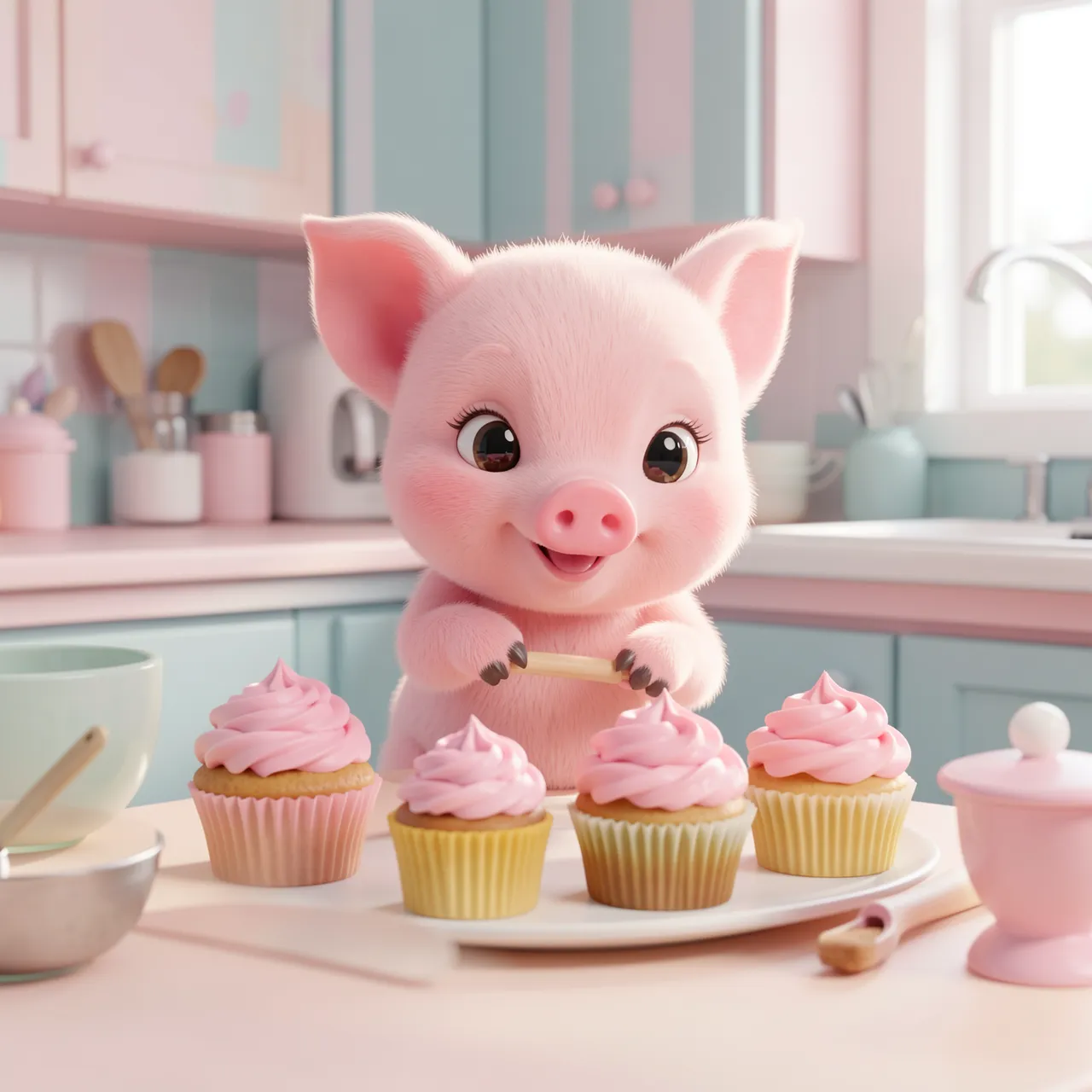 A fluffy pink 3D piglet stands at a pastel kitchen counter decorating pink frosted cupcakes