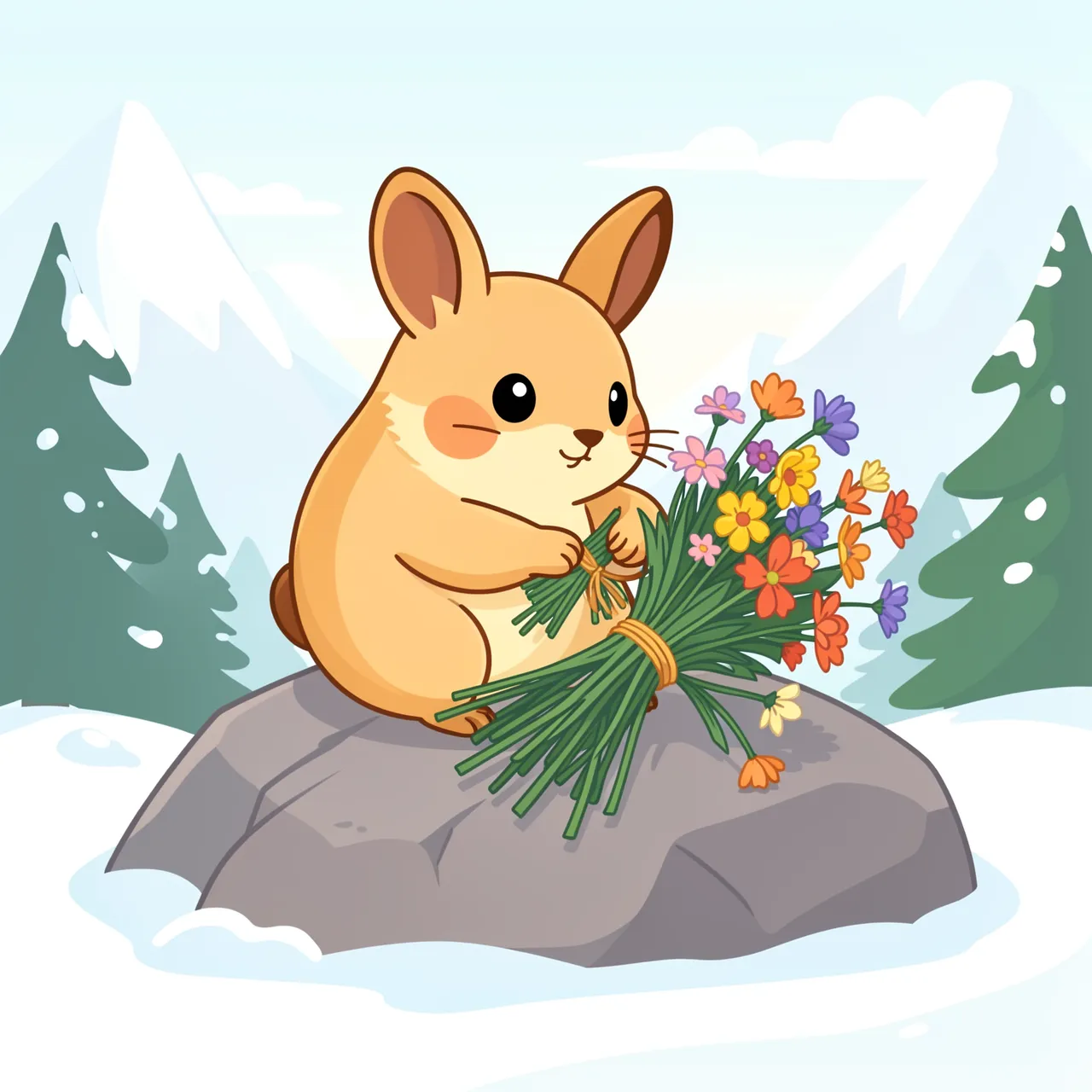 A cartoon pika sits on an alpine rock arranging bundles of colorful wildflowers