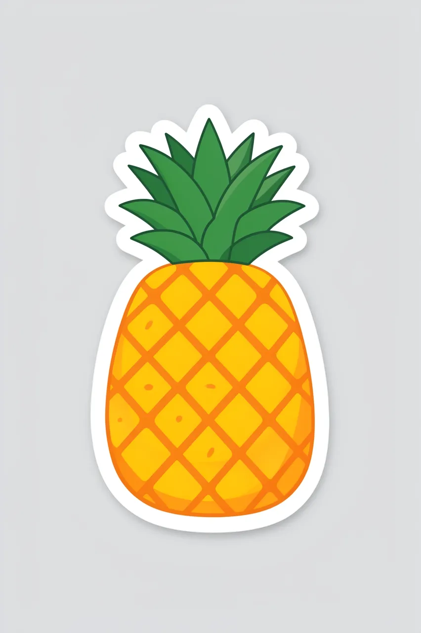 Flat cute pineapple die cut sticker with thick white border on a light gray background