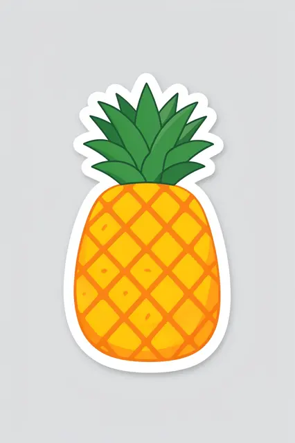 Flat cute pineapple die cut sticker with thick white border on a light gray background