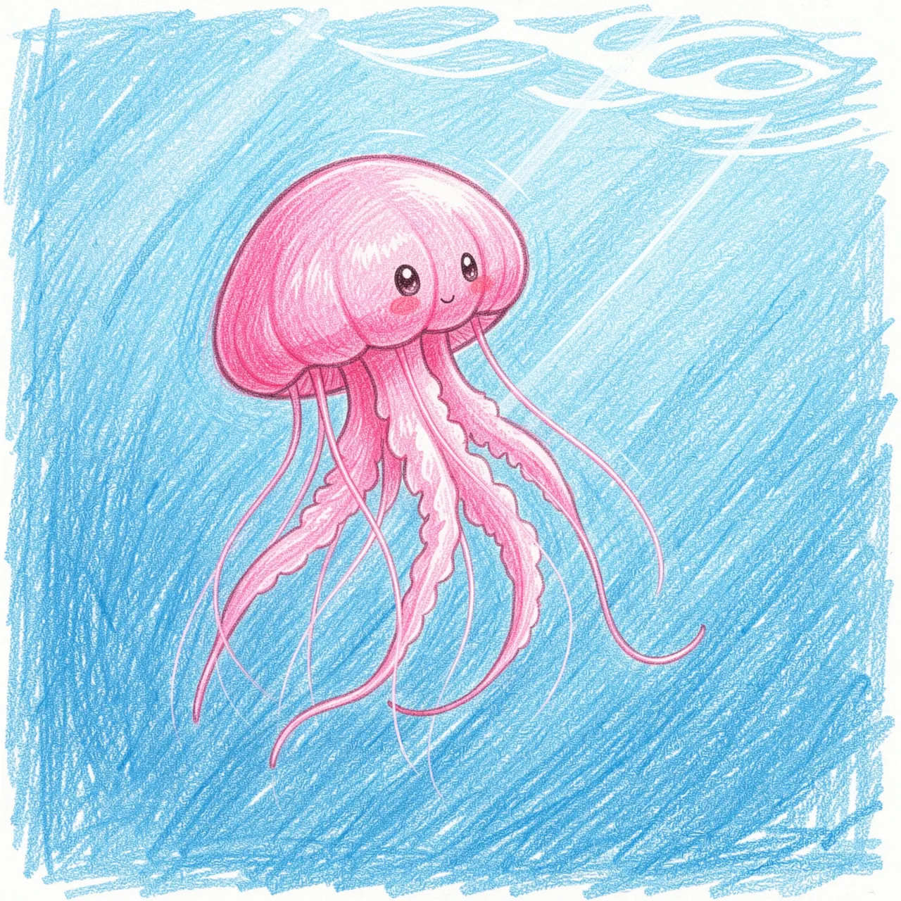 Colored pencil drawing of a smiling pink jellyfish floating in clear blue sunlit water
