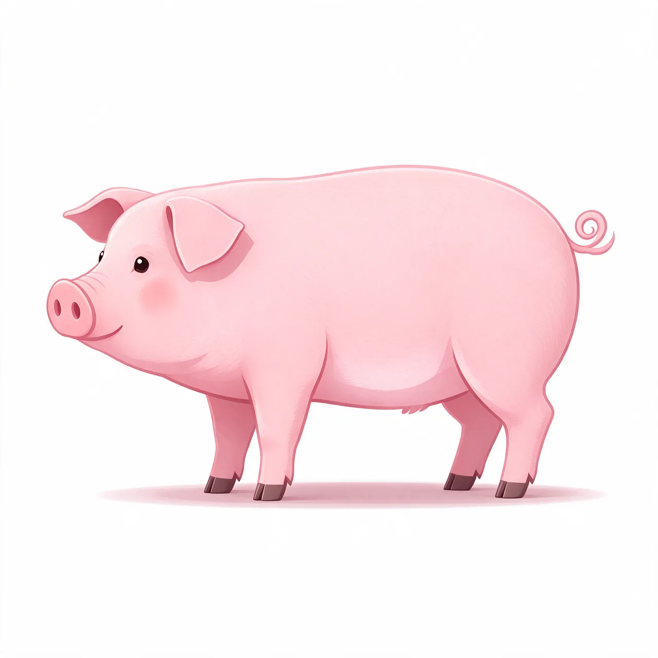 Side view flat illustration of a friendly pink pig with a curly tail on a plain white background