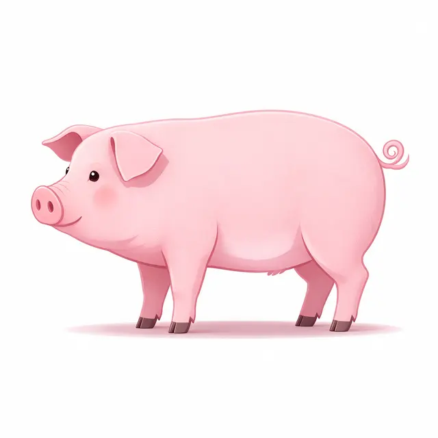 Side view flat illustration of a friendly pink pig with a curly tail on a plain white background