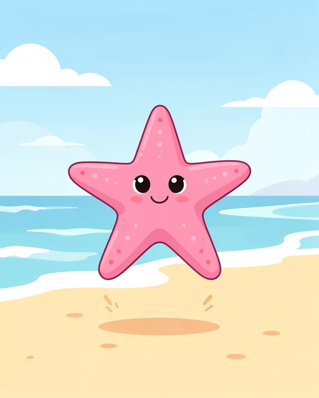 A smiling pink cartoon starfish jumps on a pastel sunny beach beside calm ocean waves.