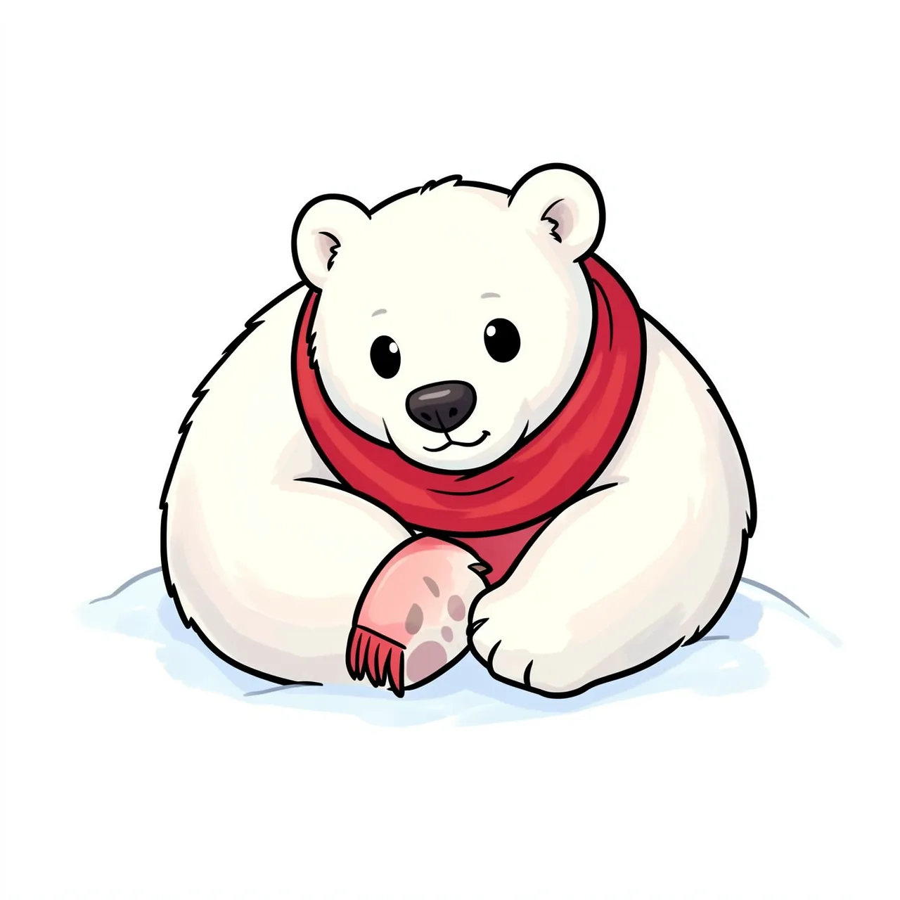 Chibi-style cartoon polar bear cub curled on snow wearing a soft red knitted scarf