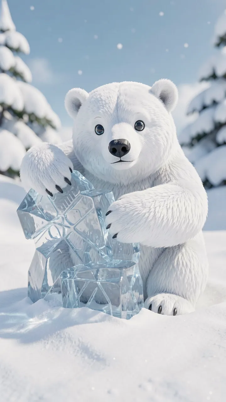 Chubby 3D polar bear sits in snow holding a carved ice snowflake sculpture under a bright winter sky