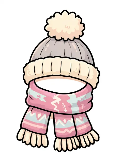 Cartoon illustration of a fuzzy winter hat with pom-pom and matching patterned scarf on a plain white background