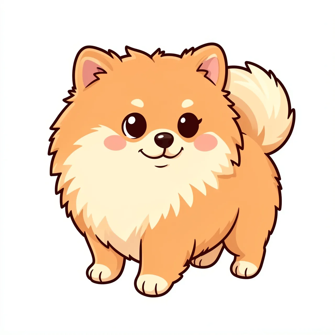 A fluffy cartoon Pomeranian puppy with a wagging tail stands on a plain white background.