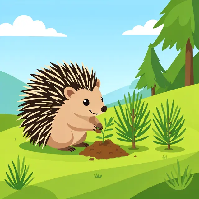 A cartoon porcupine plants small tree seedlings on a sunny green hillside under a blue sky.
