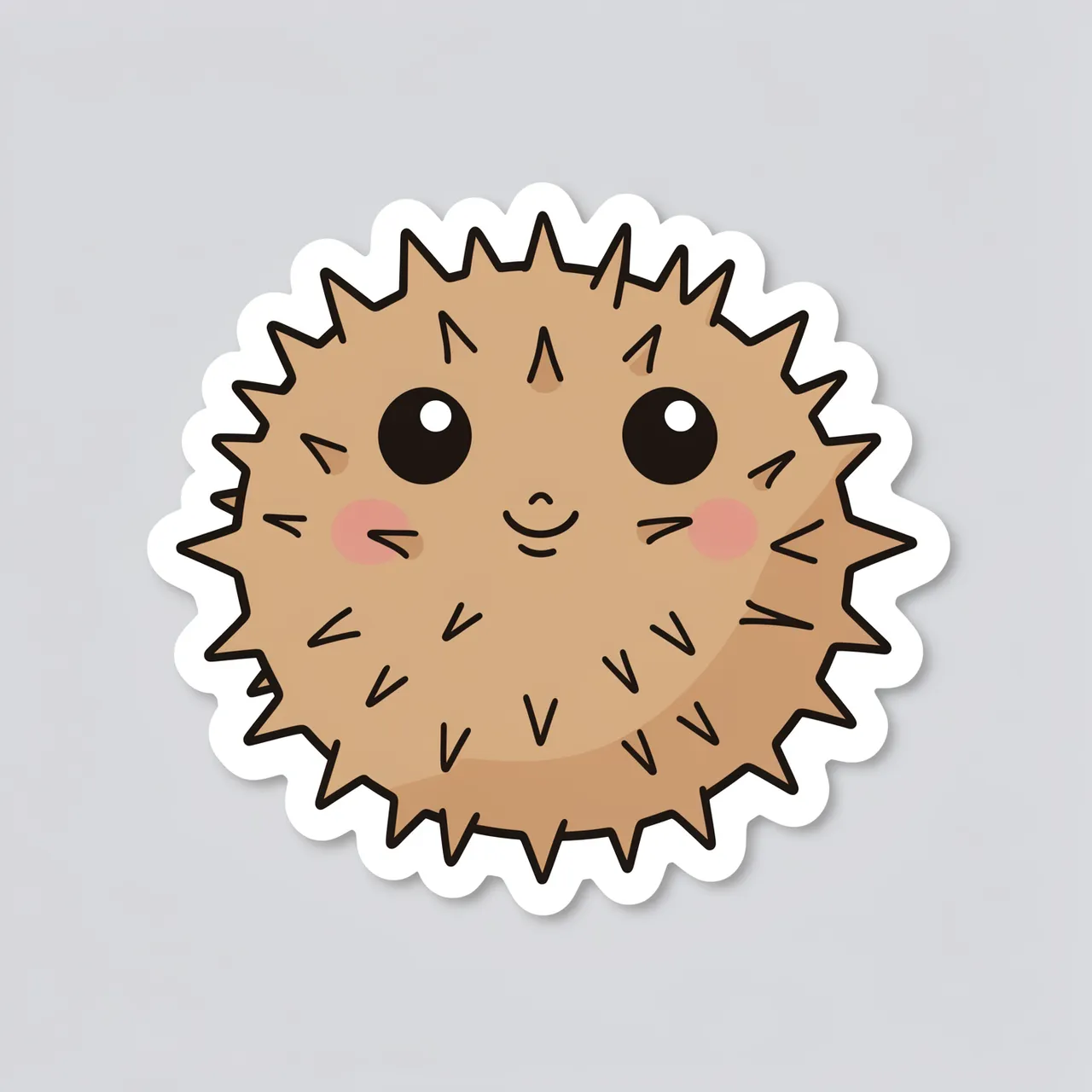 Flat cartoon die cut sticker of a round spiky pufferfish with a white border on a light gray background