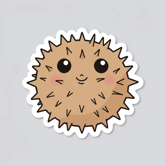 Flat cartoon die cut sticker of a round spiky pufferfish with a white border on a light gray background