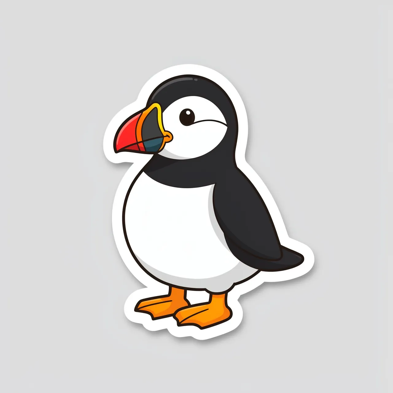 Cartoon puffin sticker with a thick white border sits on a plain light gray background
