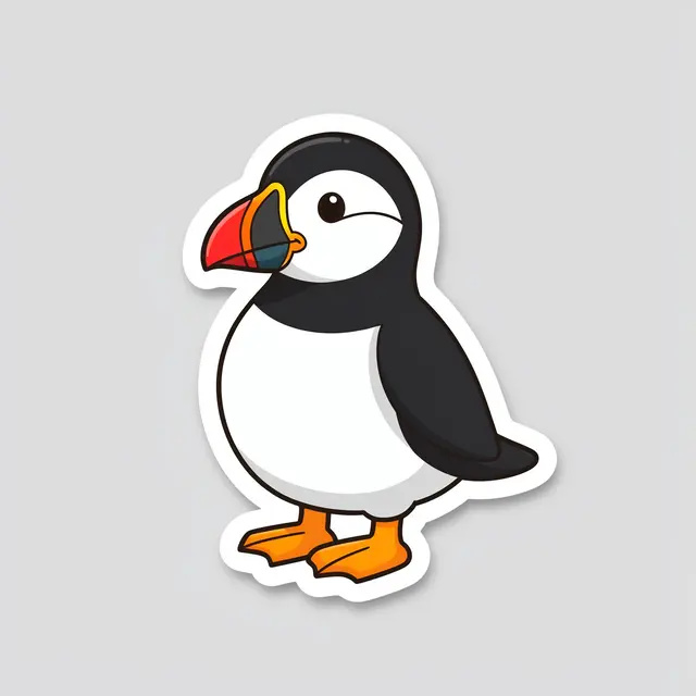 Cartoon puffin sticker with a thick white border sits on a plain light gray background