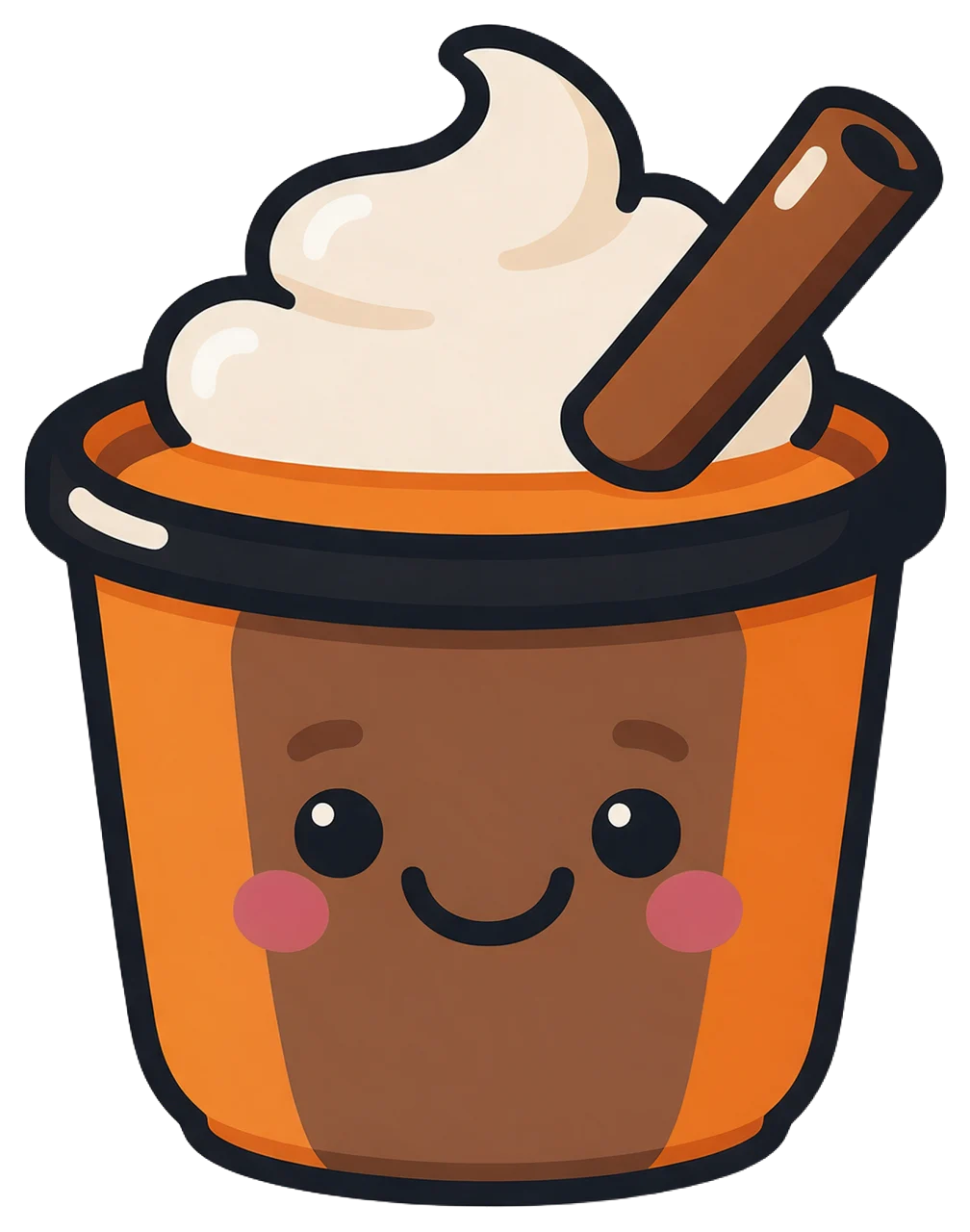 Cartoon sticker of a happy pumpkin latte cup topped with whipped cream and a cinnamon stick