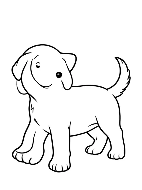 Bold black and white line art of a friendly floppy-eared puppy against a plain white background